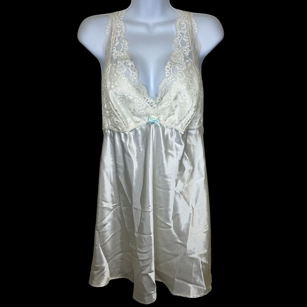 NWOT Flora Nikrooz Women's Emma Charmeuse Chemise with Stretch Lace Ivory XLarge